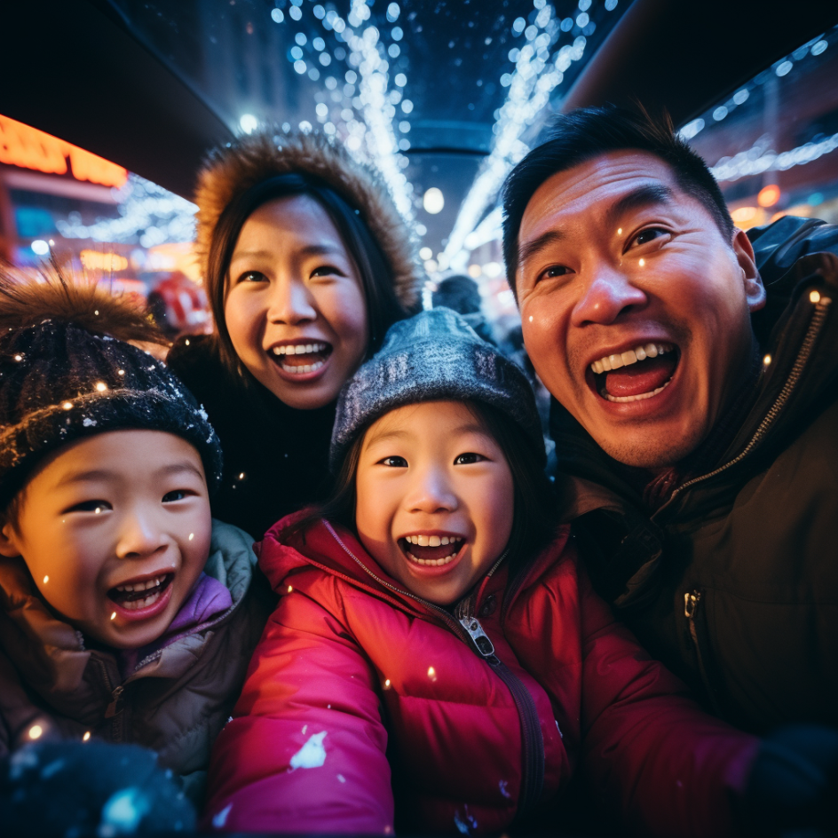 Family enjoying holiday lights.